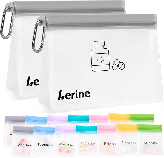 Lerine Reusable Pill Pouch Set, 14 Pill Pouch Bags for Travel, BPA Free Medicine Organizer with Labels, Self Sealing Small Baggies for Daily Vitamin, Supplement Storage