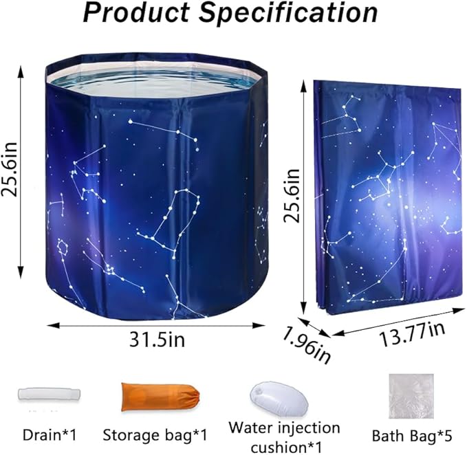Sincat Portable Foldable Ice Bath Tub, Large Portable Bath Tub for Adults, Suitable for Outdoor Gym, Easy to Assemble Collapsible Bathtub, Ice Bath, Family Bathroom SPA Tub(31.5 in Gradient Blue)