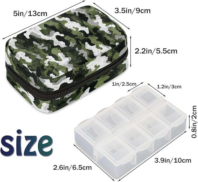 Weekly Travel Pill Organizer Case for Purse with Removable 7 Day Box Portable Compact Size Pill Box Fashionable Pill Container for Medicine Vitamin Supplement Army Camouflage Green