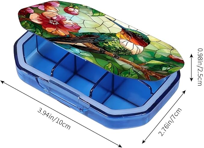 This Portable Vintage Stained Glass Hummingbird Pattern 6-Compartment Pillbox Can Be Placed in A Pocket Or Wallet to Store Vitamins, Medicines Fish Oil Health Supplements Other Medications.