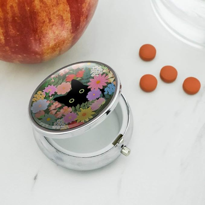 Graphics & More Black Cat Hiding in Spring Flowers Pill Case Trinket Gift Box