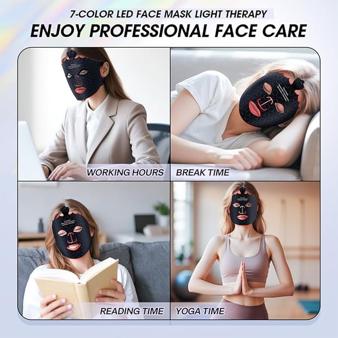 7 Colors Light Mask For Skin Care, Red Light For Face, Type-C Rechargeable Silicone Beauty Mask For Home (Black)