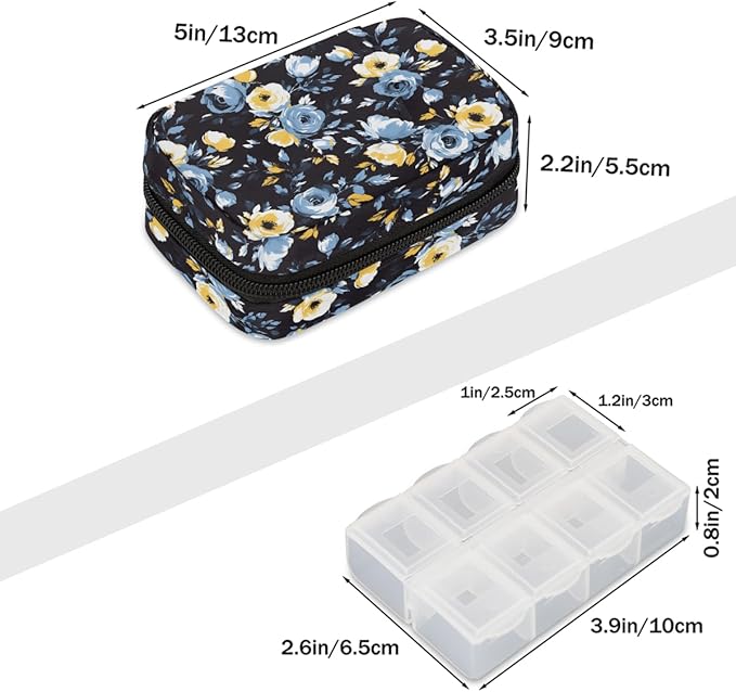 Floral Blue Flower Pill Case Everyday Travel, 7 Day Weekly Medicine Pill Box Compact Portable Pills Bottle Organizer with Zipper for Daily Vitamin Medicine Holder Bottle Organizers Bag
