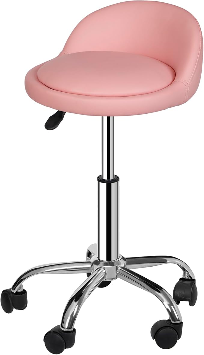 Hydraulic Rolling Stool with Back Support,300LB Capacity Pink Adjustable Height Swivel Chair with PU Leather Seat and Lumbar Support,for Salon Spa Tattoo Massage Clinic Office