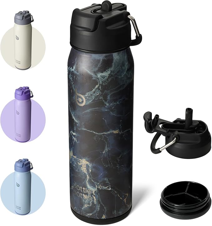 BOTTLE BOTTLE 24oz Insulated Water Bottle Stainless Steel Sport Water Bottle with Straw and Adjustable Lid Daily Pill Organizer