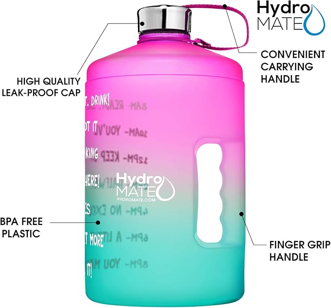 NatureWorks HydroMATE 1/2 Gallon Water Bottle with Times to Drink BPA Free Leak Proof Reusable Jug with Handle 64 oz (Pink Aqua)