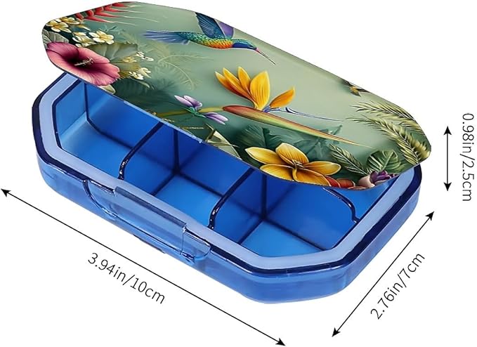 This Portable Hummingbird Tropical Flower Pattern 6 Compartment Pill Box Can Be Placed in A Pocket Or Wallet to Store Vitamins, Medicines Health Supplements Other Medications.