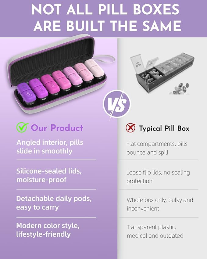 Weekly Pill Organizer 2 Times a Day, 7 Day Travel Medicine Pill Organizer with Moisture-Proof Silicone Lid, AM PM Daily Pill Box for Vitamins & Supplements, Aesthetics Pill Case(Purple)