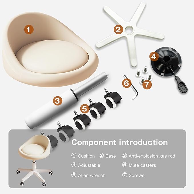 Rolling Stool Chair with Backrest, Round PU Leather Adjustable Height Hydraulic Swivel Rolling Stool for Spa Salon Tattoo Massage Doctor Dental Medical Office Beige Set of 2
