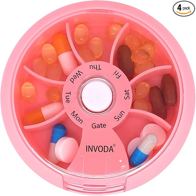 INVODA Weekly Pill Organizer 7 Compartment Rotating Pill Box for Daily Medication & Vitamins - Portable Travel Pill Case Fish Oil Supplements Vitamins Organizer (Pink)