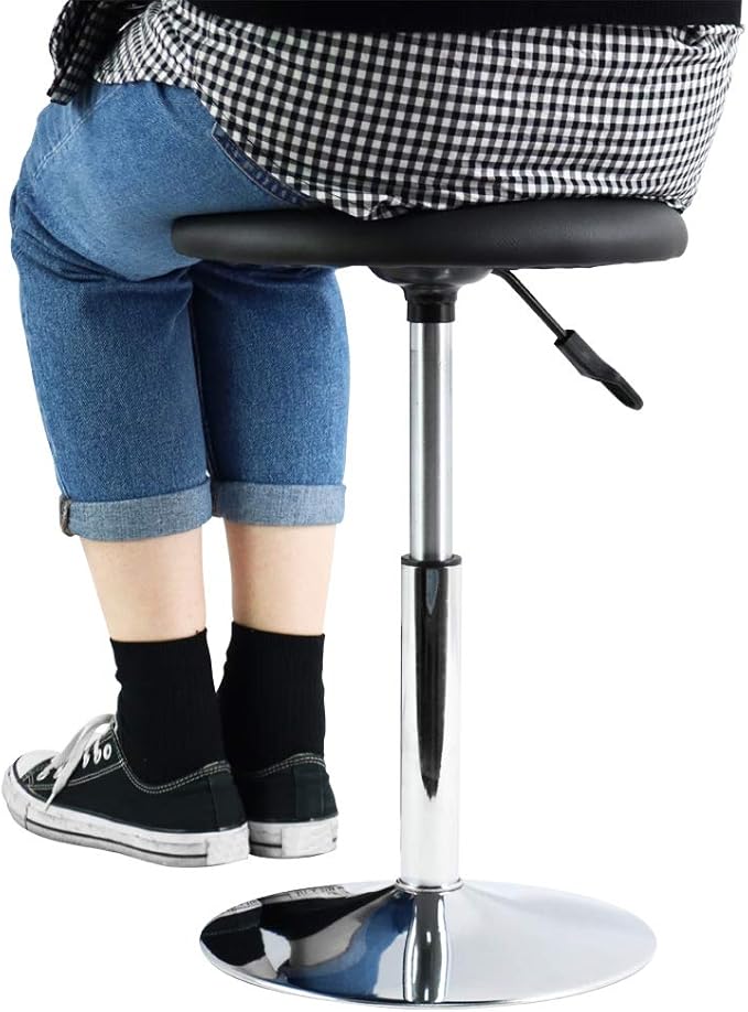 FURWOO Short Round Spa Stool Height Adjustable Swivel Bench for Bedroom Living Room Black PU Leather
