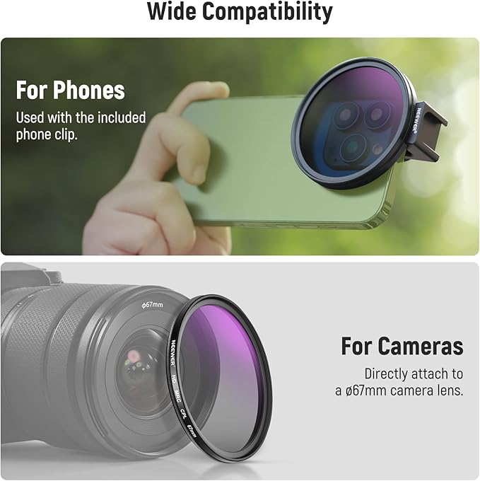 NEEWER 67mm CPL Filter with Cold Shoe Phone Lens Clip, HD Polarizing Filter with Pouch & Cleaning Cloth Compatible with iPhone 17 16 15 Pro Max Plus Samsung Galaxy S25 Ultra Camera