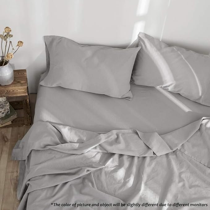 Simple&Opulence Belgian Linen Sheet Set Solid Color - 4 Pieces (1 Flat Sheet, 1 Fitted Sheet & 2 Pillowcases) Natural Flax Cotton Blend Soft Breathable Farmhouse Bedding - King Size, Grey
