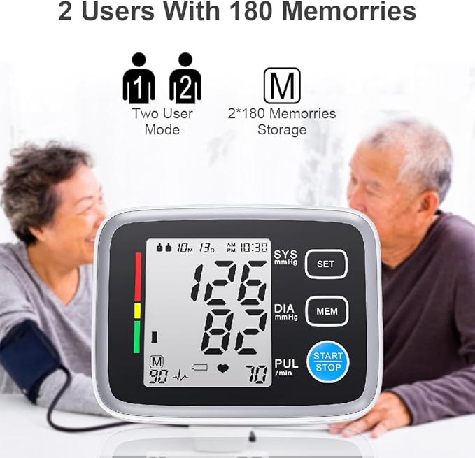 Upper Arm Blood Pressure Monitor for Home Use 2 Cuff Sizes, 9-17'' & 13-21''Extra Large BP Cuff Automatic Digital Blood Pressure Machine 2 Users 180 Memories USB Cable 4 AA Batteries