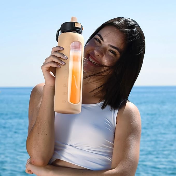 Kodrine 32 oz Glass Water Bottle with Straw and Carry Loop, One-Touch Leakproof Locking Lid, Reusable Drinking Bottle with Time Marker for Travel Home Gym Sports (Amber)