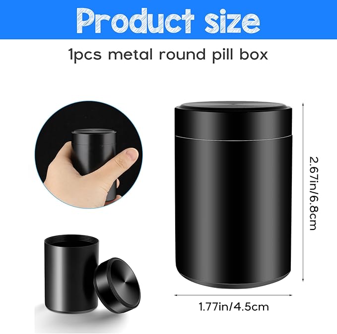 Portable Metal Small Pill Case Round Pill Holder Aluminium Alloy Waterproof Pocket Medicine Box Organizer Bottle Container for Travel Outdoor Vitamin Fish Oils Ear Plug Jewelry