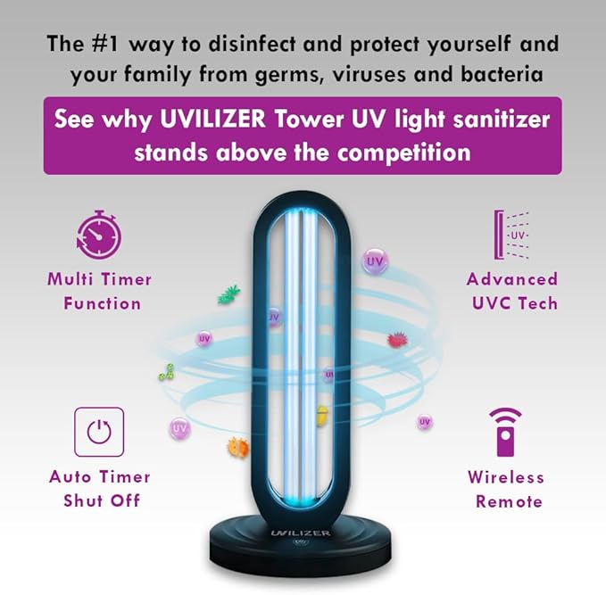 UVILIZER Tower - UV Light Sanitizer & Ultraviolet Lamp with Remote Control (UV-C Cleaner for Home, Room, Office | 38W UVC Disinfection Bulb | Kill Germs, Bacteria, Virus, Dust | USA)