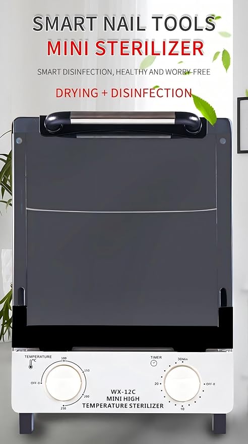 Sterilizer for Nail Tools, 12L Multifunctional High Temperature Cleaning Dry Box Stainless Steel with Temp Control, Tweezer Sterilizer, Stainless Trays, Timer, Nail Salon Equipment