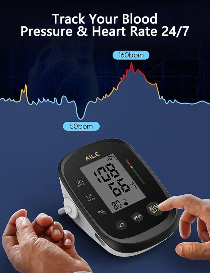 AILE Blood Pressure Monitor, Blood Pressure Machine Upper Arm Large Cuff(8.7"-16.5"), High Automatic Blood Pressure Monitors Cuff for Home Use, Manual Arm Bp Monitor, 2 * 99 Memory (Black)