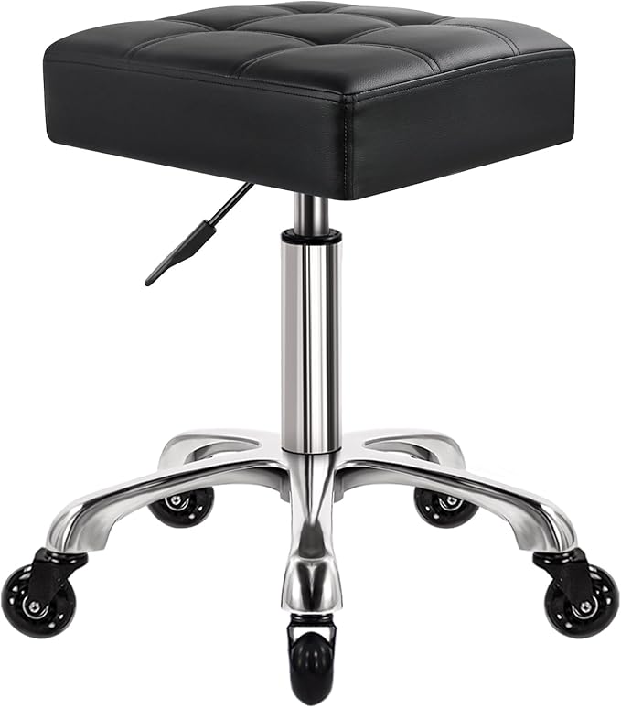 Modern Heavy Duty Rolling Stoool Square Thick Leather Seat 360 Swivel Stool with Wheels Height Adjustable Stool Chair for Home Kitchen Drafting Lab Office Salon Massage（Black）