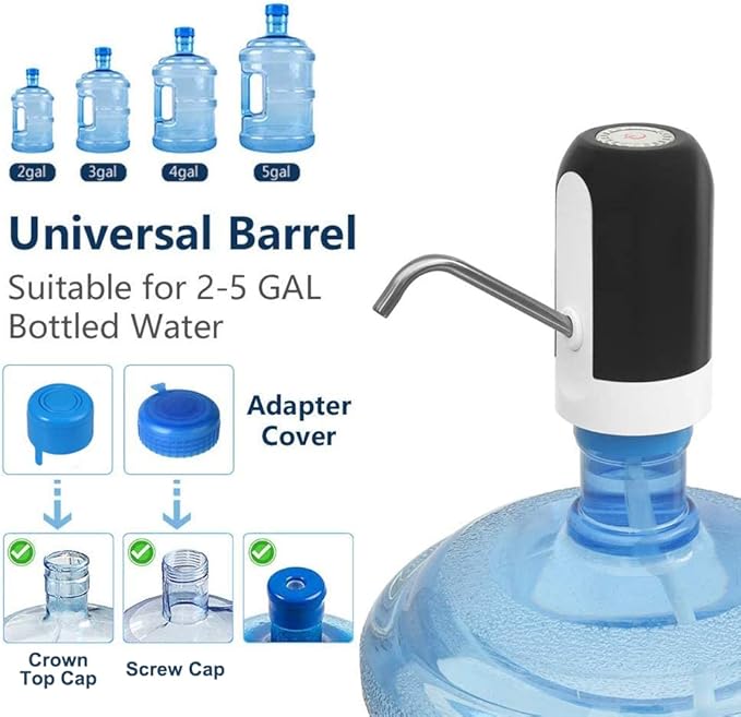 CHIVENIDO 5 Gallon Water Dispenser - Water Bottle Pump with Reusable Caps for Screw Top or Crown Tops, USB Charging Water Jug Dispenser for Universal 2-5 Gallon Bottle