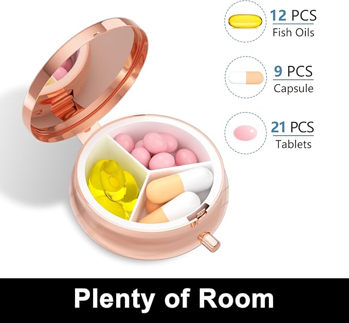 Rouidr Pill Box, 3 Compartment Medicine Pill Case, Small Metal Travel Medicine Box for Purse & Pocket, Rose Gold, Dark Grey Marble