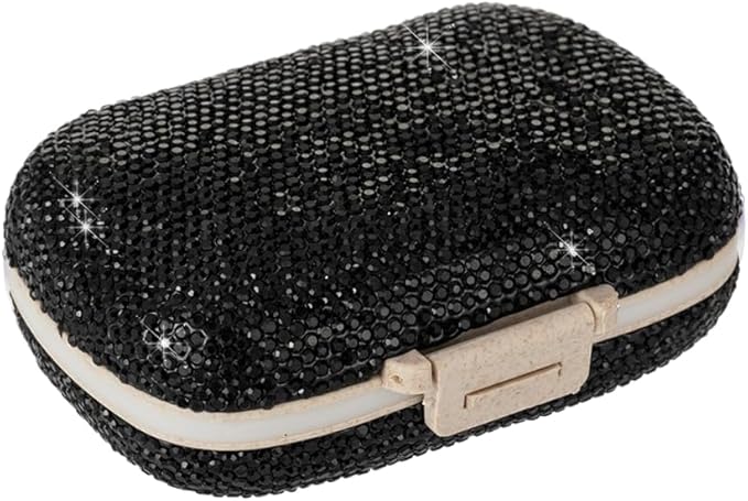 Daily 6 Compartments Pill Box Container Bling Diamond for Purse Medicine Container Holder for Women Travel Kit Medicine (Black)