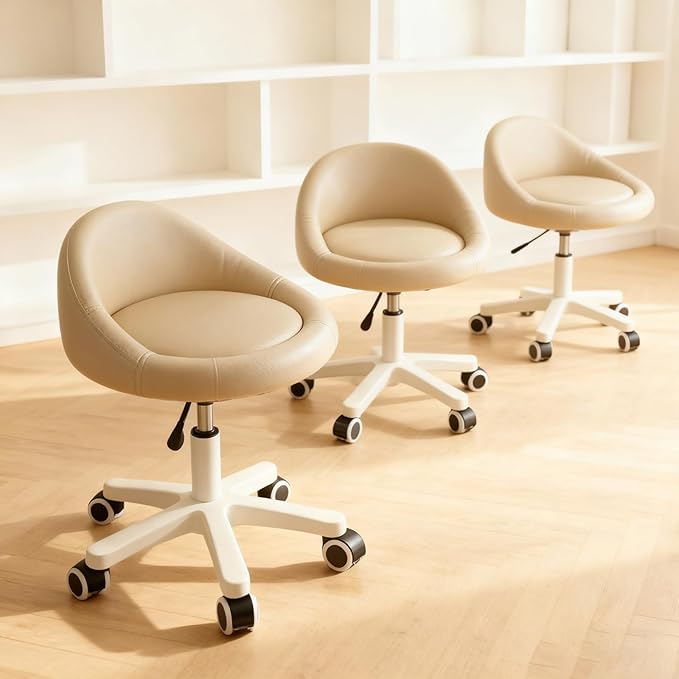 Rolling Stool Set of 3– Ergonomic Swivel Seat, Adjustable Height, Ultra-Quiet Wheels, Padded PU Leather Cushion, for Salon, Office, Massage & Medical Use Khaki