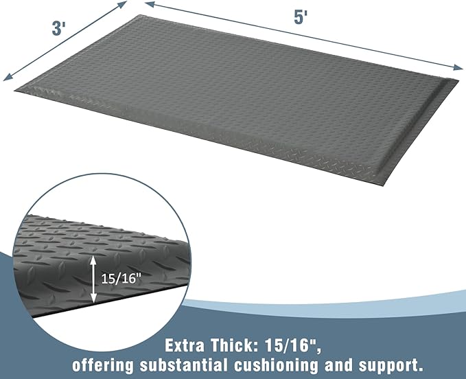 Anti Fatigue Mats Industrial 3' x 5' 15/16" Thick Ergonomic Standing Mat Commercial Kitchen Mat Heavy Duty Diamond Plate Cushioned Shop Floor Mats Helps Relieve Back and Leg Soreness, Grey