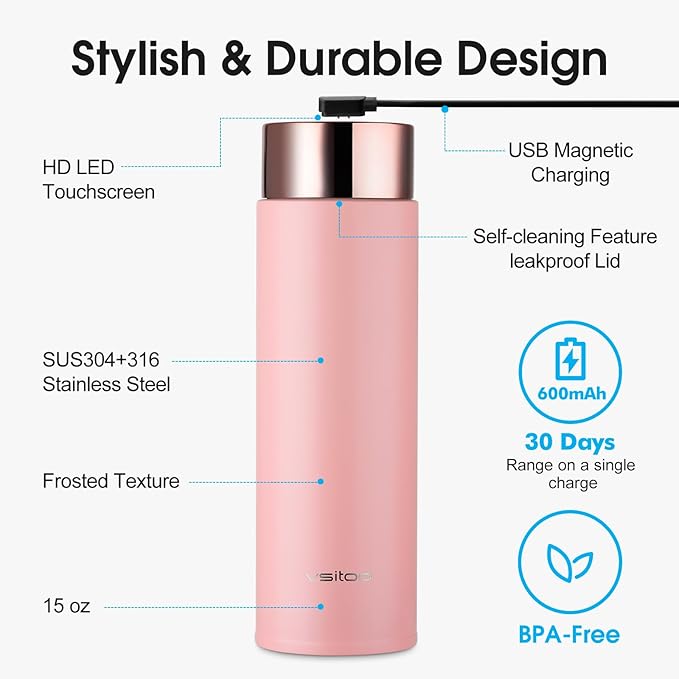 Vsitoo Smart self cleaning Insulated Water Bottle, 15oz Stainless Steel Vacuum Flask, AI Self-Clean, 30-Day Battery Life, BPA-Free, Magnetic Charging, Portable Travel Mug Gifts for Men Women, Pink