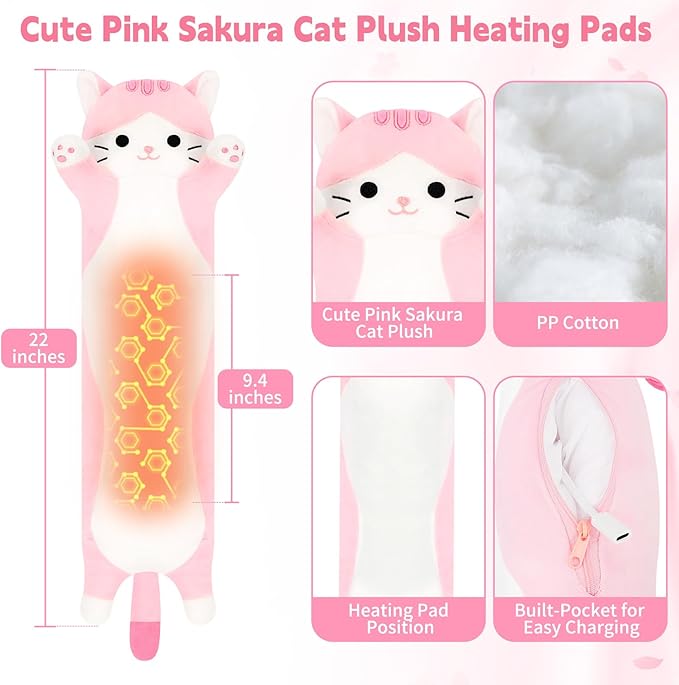 Sakura Cat Heating Pad-USB Heated Plush Stuffed Animals for Period Cramps and Menstrual Pain Relief,22” Portable Electric Kitten Heating Pads,Built-Pocket Plush Girls Birthday Gifts,Pink