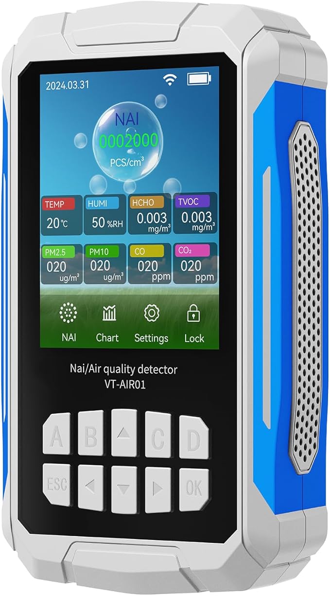 Generic Air Quality Detector & Ionizer Meter, Portable Air Tester, VOC PM2.5 CO2 Temp Humidity Monitor with Negative Ion Function, Ideal for Home, Car & Office (White)