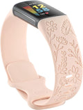 Flower Engraved Bands Compatible with Fitbit Charge 5 Band/Charge 6 Bands Women Cute Floral Engraving Soft Silicone Sport Strap Replacement Wristband for Fitbit Charge 5/6 Tracker Accessories