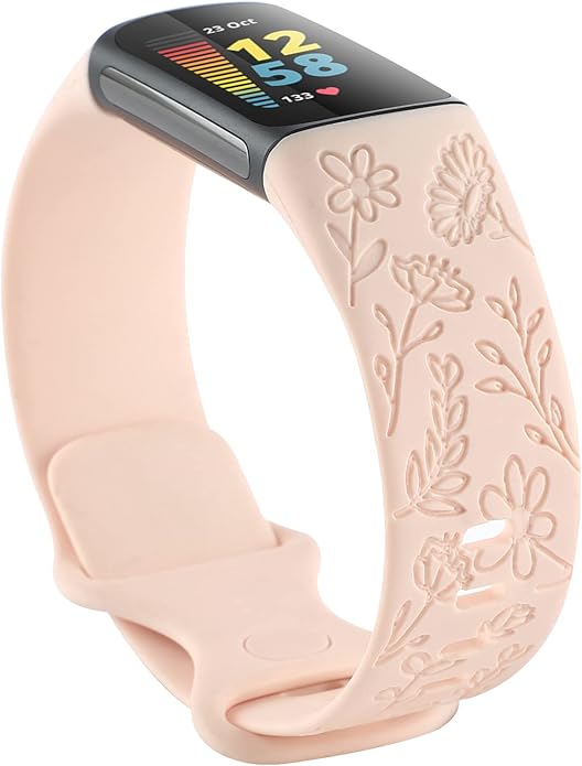 Flower Engraved Bands Compatible with Fitbit Charge 5 Band/Charge 6 Bands Women Cute Floral Engraving Soft Silicone Sport Strap Replacement Wristband for Fitbit Charge 5/6 Tracker Accessories