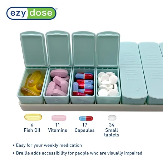 EZY DOSE Weekly (7-Day) AM/PM Daily Pill Case, Embossed Matte Pill Case, Daily Medicine & Vitamin Organizer Box, Large Easy-Open Compartments, BPA-Free Medication Planner for Home & Travel, Teal