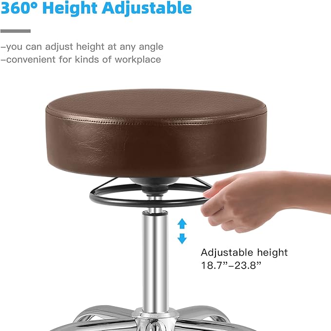 Rolling Stool with Wheels 400lbs Weight Capacity,Heavy Duty Lash Chair Adjustable for Tatoo Lab Massage Salon Spa Drafting Nail Teach,360 Swivel,Leather,Thick Seat Padding (Brown)