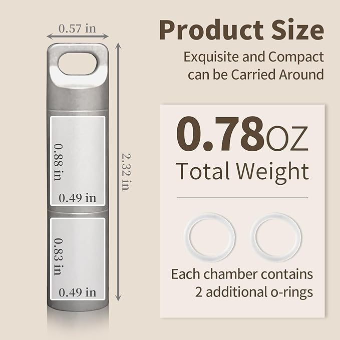 Stainless Steel Pill Box Keychain, Waterproof Compact Pill Organizer for Emergency Pills & Vitamins, Portable Keyring Necklace Holder, Travel Hiking Essentials, 2 Compartments