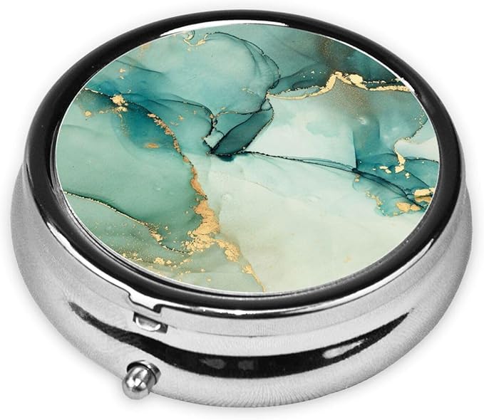 Blue Green Jade Texture Marble with Golden Veins Gold Metallic Swirls and Foamy Print Round Metal Pill Box with 3 Compartment for Pocket or Purse Travel Bag Mini Small Size 2 inche