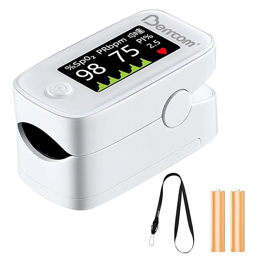 Berrcom Fingertip Pulse Oximeter with LED Display & Multi-Parameter Tracking (SpO2, PR, PI), Fast & Accurate Blood Oxygen Monitor, Includes Batteries & Lanyard (White)