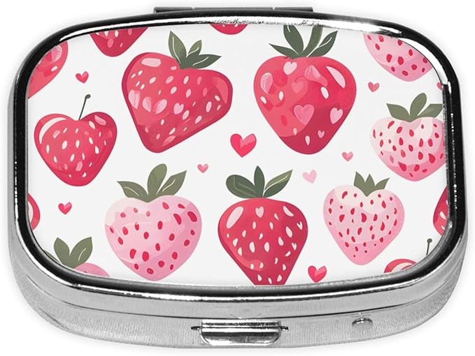 Cute Pink Strawberry Pattern Pill Box with Mirror 2 Compartment Metal Square Small Pill Case for Purse Pocket Portable Pill Container Holder Travel Medicine Organizer for Vitamin Fish Oil Supplement