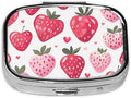 Cute Pink Strawberry Pattern Pill Box with Mirror 2 Compartment Metal Square Small Pill Case for Purse Pocket Portable Pill Container Holder Travel Medicine Organizer for Vitamin Fish Oil Supplement