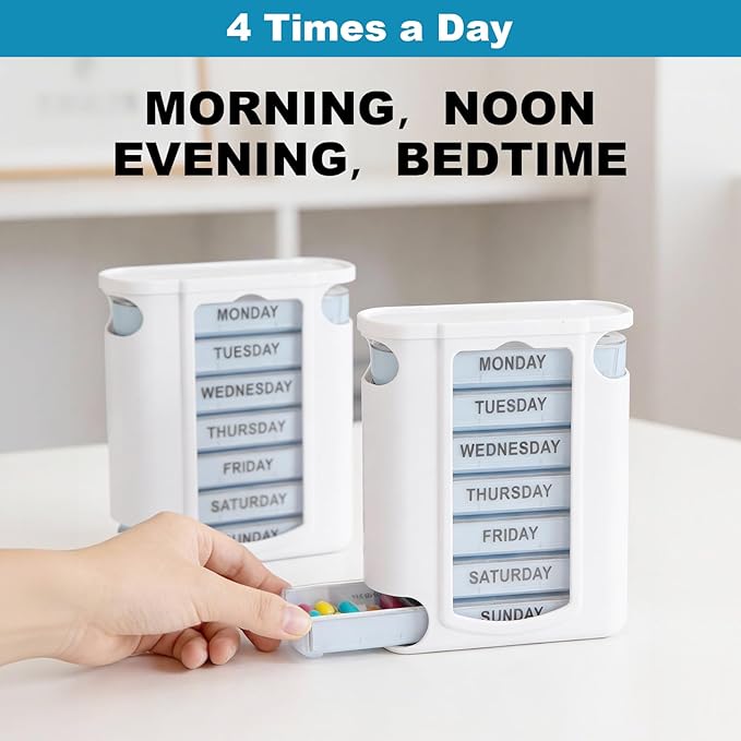 7 Day Pill Organizer 4 Times a Day Medicine Organizer Morning Noon Night Daily Pill Dispenser Stackable Weekly Pill Organizer for Home Travel