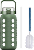 MUKOKO Half Gallon/64 oz Glass Water Bottles with Straw and Lid,Motivational Water Jug with Time Marker Reminder and Silicone Sleeve,100% Leakproof BPA Free Fitness Sports Large Bottle-Olive