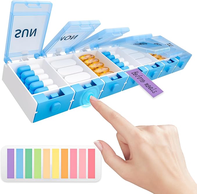 Push Button Weekly Pill Organizer, Medicine Pill Organizer with Label, Pill Box Case 7 Day BPA-Free, Pill Container for Vitamins, Fish Oil, Supplements Medication (Blue)