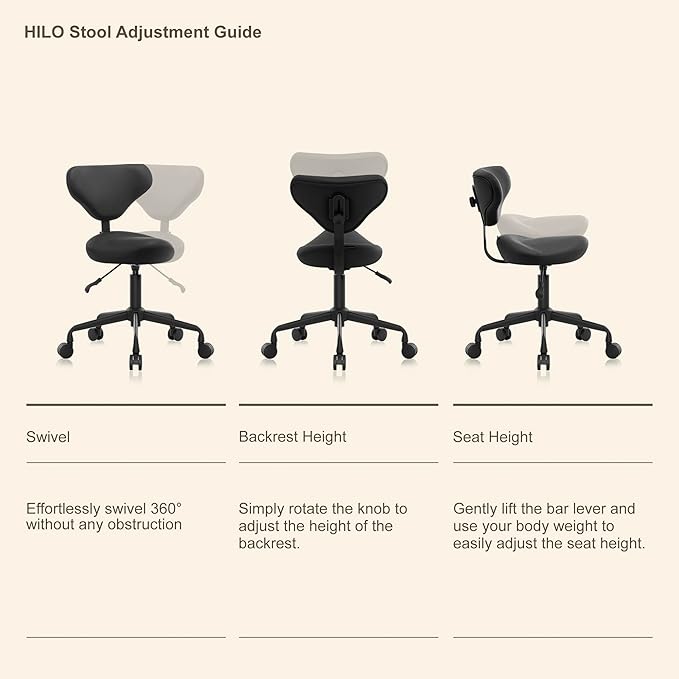 Ergonomic Saddle Seat Adjustable Pneumatic Hydraulic Drafting Swivel Rolling Stool Chair for Medical Hygienic SPA Massage Salon Home and Office - Hilo 508 (Black, with Backrest)