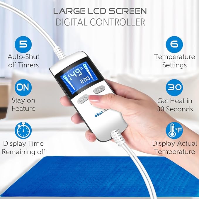 Boncare® Ultra Plush Heating Pad for Neck and Shoulder and Back with Auto-Off, Stay-On Warmth Up to 18 Hours, 6 Heat Levels, 12.6 ft Cord for Bed Foot Warmer with Gift Box (Blue, 17"x33")