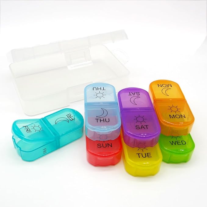Travel Pill Organizer 7-Day for Purse Pocket, Daily Medicine Case Box with 14 Compartment Weekly Meds Container Reminder Planner AM PM Hold Medicine, Vitamin, Supplement, Fish Oil, Colorful