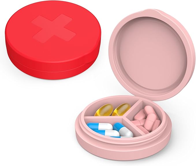 2 Pack Small Pill Box,Premium Thick Silicone 3 Compartment Travel Pill Box for Home/Desk Organizer, Portable Compact Medicine Holder for Vitamin, Cod Liver Oil, Supplement(Red+Pink)