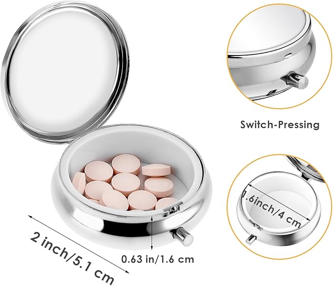 2Pcs Pill Box Small Pill Case for Purse or Pocket, Portable Cute Pill Container Metal Pill Box Decorative Medicine, Vitamin, Fish Oil and Supplements Holder Organizer
