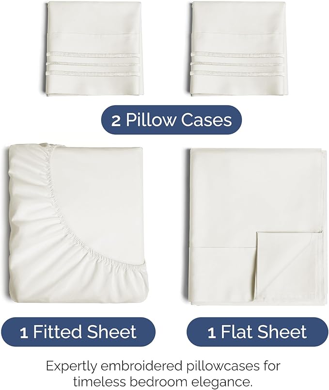 Hotel Luxury Durable Bed Sheets - Full Size 4 Piece Sheet Set - Extra Soft, Breathable & Cooling - Deep Pockets, Easy-Fit & Wrinkle-Free - Antique White Oeko-Tex